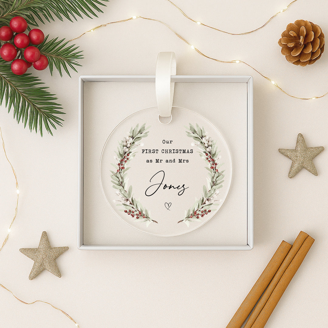 First Christmas as Mr and Mrs Personalised Clear Acrylic Tree Ornament