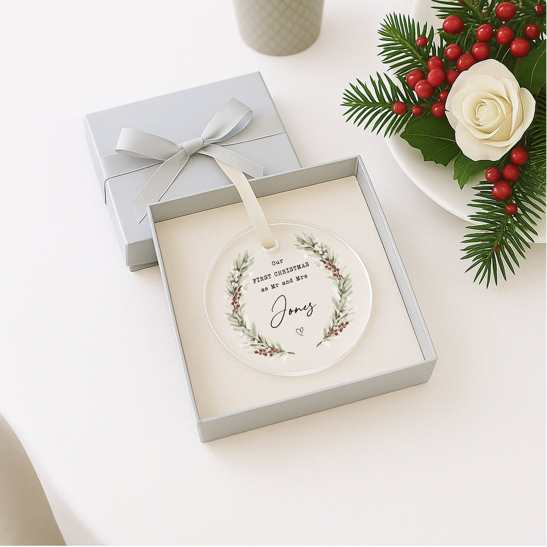 First Christmas as Mr and Mrs Personalised Clear Acrylic Tree Ornament