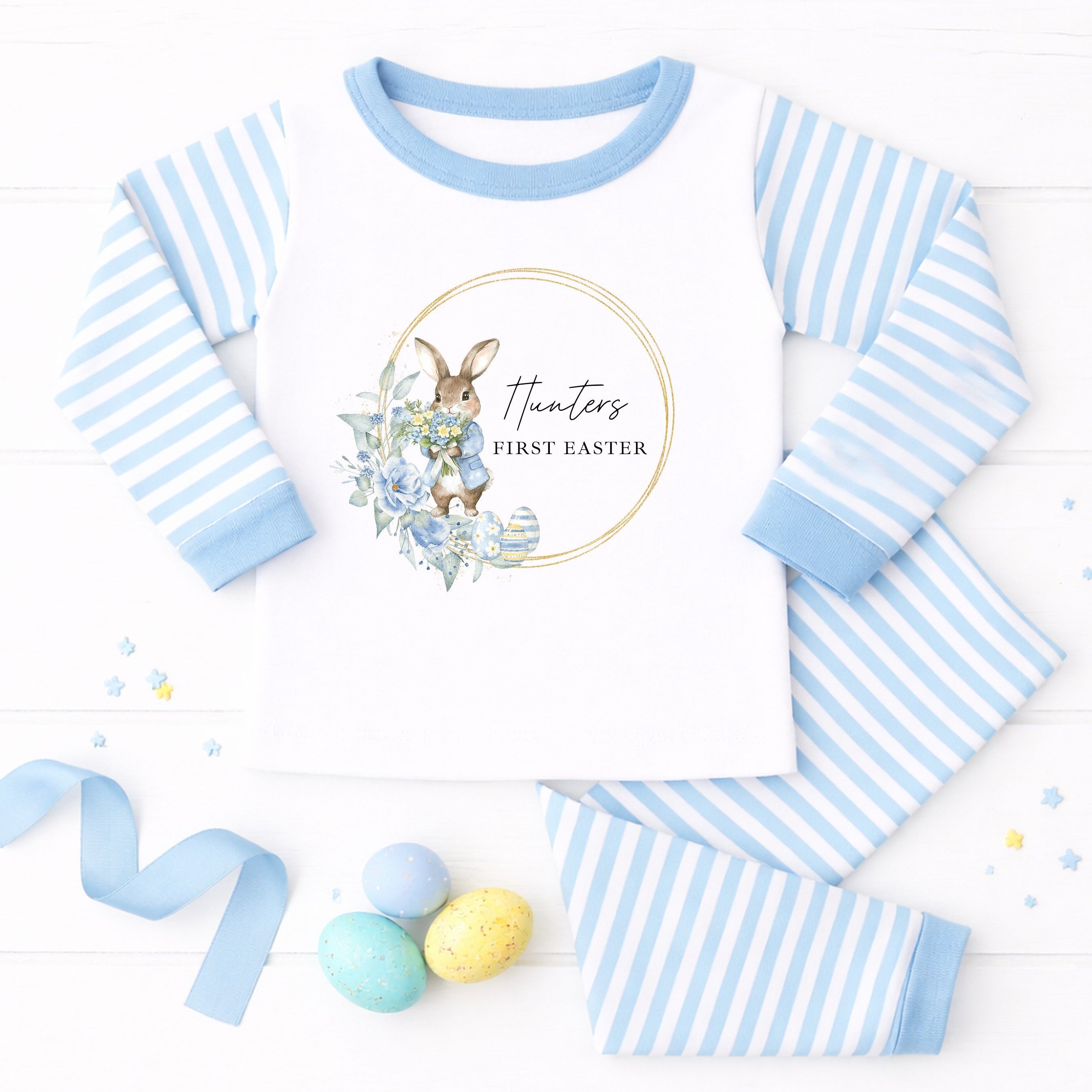 Personalised Blue Bunny Wreath My First Easter Pyjamas – allaboutthebump