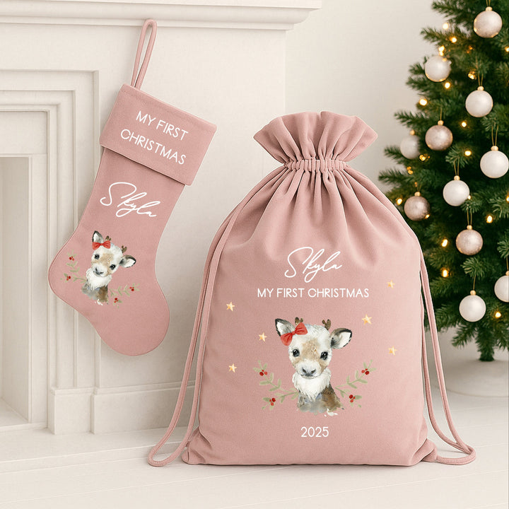 Personalised Girl Deer Christmas Stocking or Santa Sack