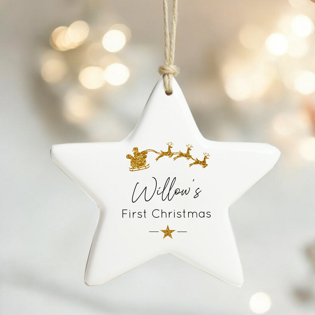 Personalised First Christmas Gold Glitter Sleigh Star Bauble
