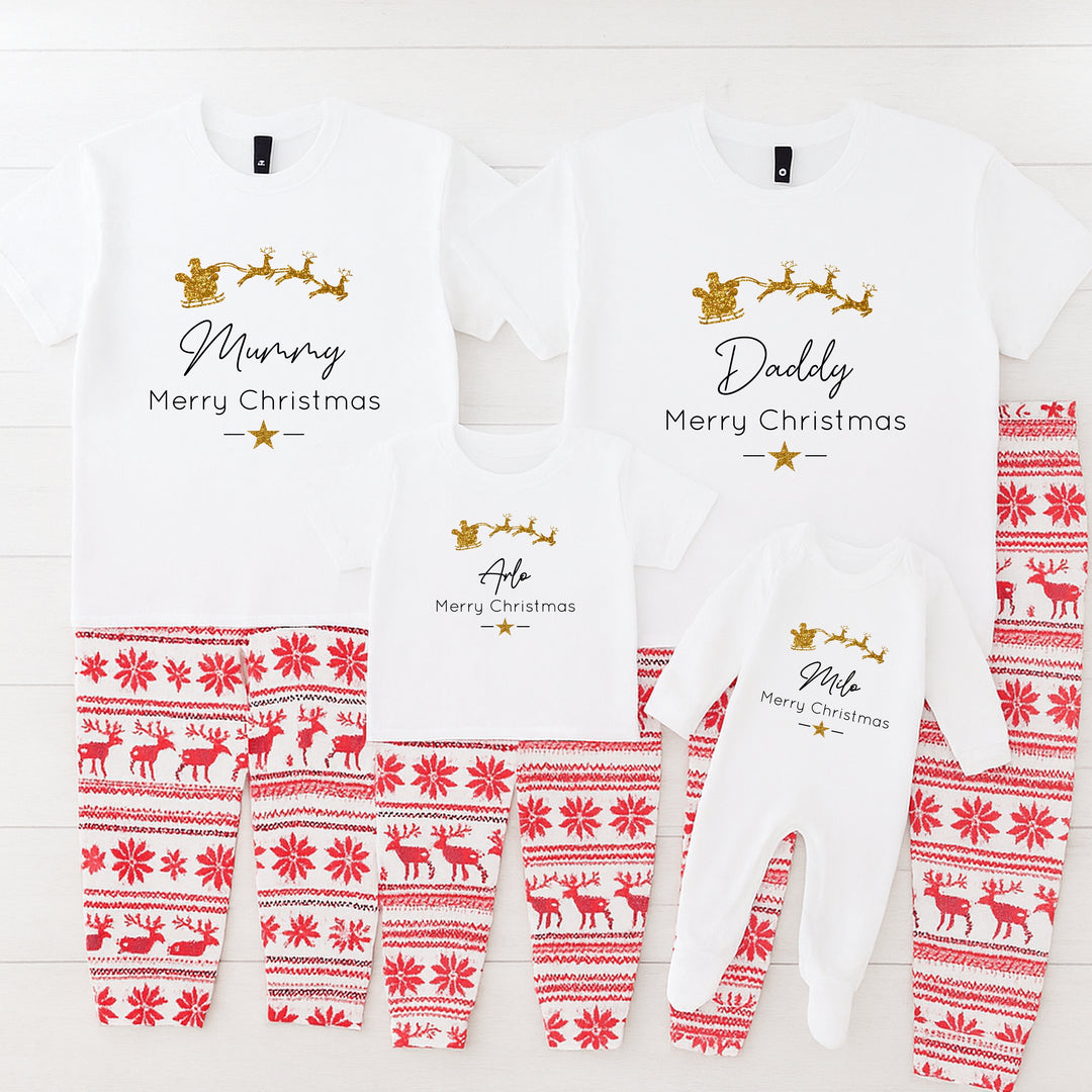 Personalised Gold Glitter Sleigh Matching Christmas T-shirts With Optional Trousers