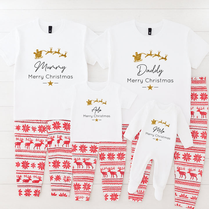 Personalised Gold Glitter Sleigh Matching Christmas T-shirts With Optional Trousers
