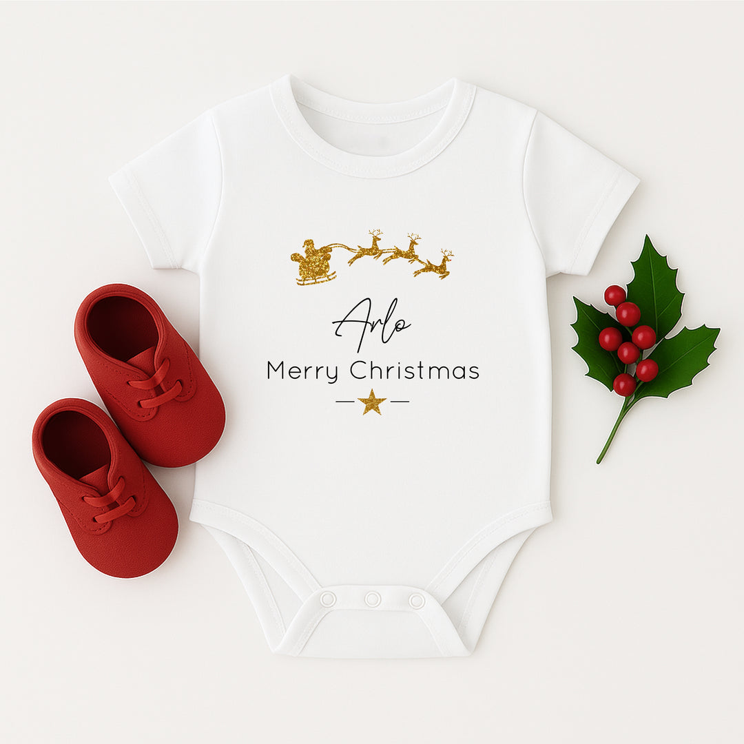Personalised Gold Glitter Sleigh Matching Christmas T-shirts With Optional Trousers