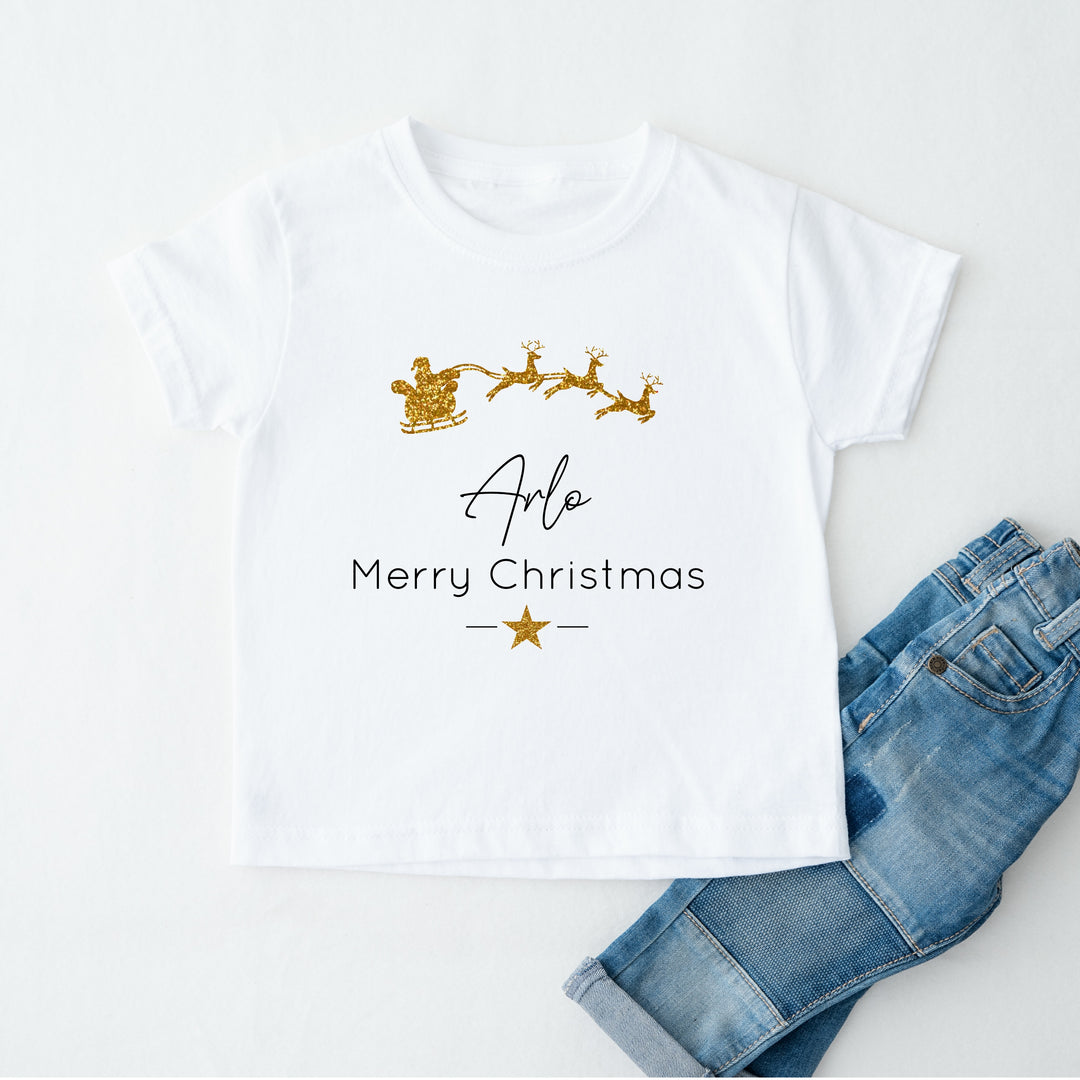 Personalised Gold Glitter Sleigh Matching Christmas T-shirts With Optional Trousers