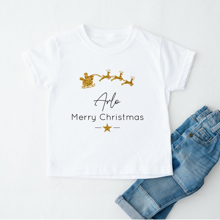 Personalised Gold Glitter Sleigh Matching Christmas T-shirts With Optional Trousers