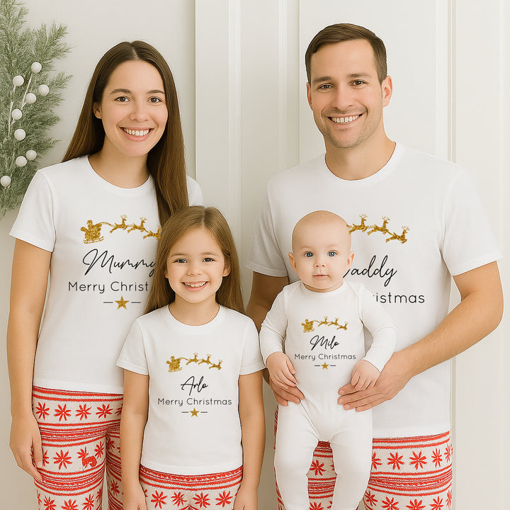 Personalised Gold Glitter Sleigh Matching Christmas T-shirts With Optional Trousers