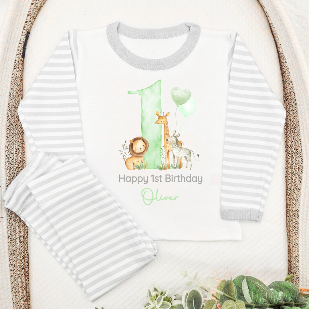Personalised Jungle Safari Grey Stripe Boys Birthday Pyjamas