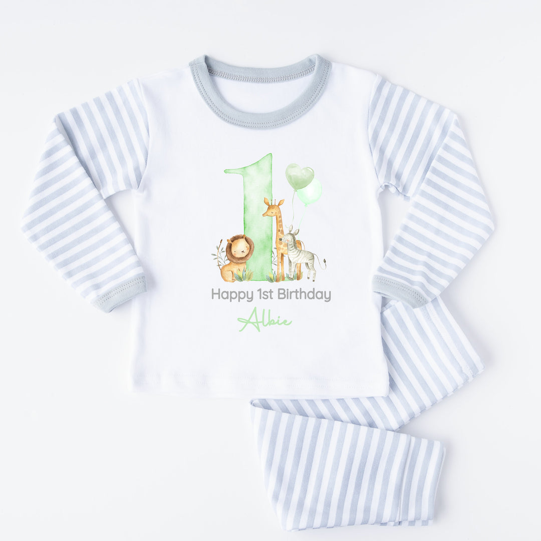 Personalised Jungle Safari Grey Stripe Boys Birthday Pyjamas