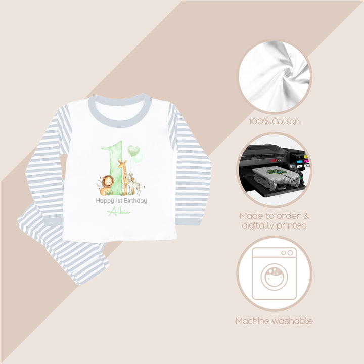 Personalised Jungle Safari Grey Stripe Boys Birthday Pyjamas