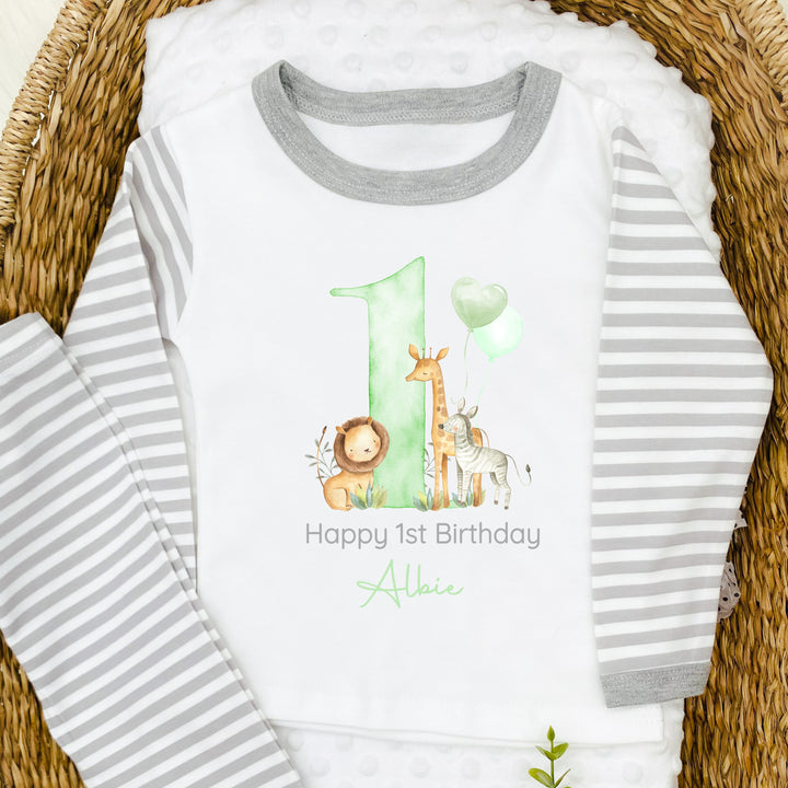 Personalised Jungle Safari Grey Stripe Boys Birthday Pyjamas