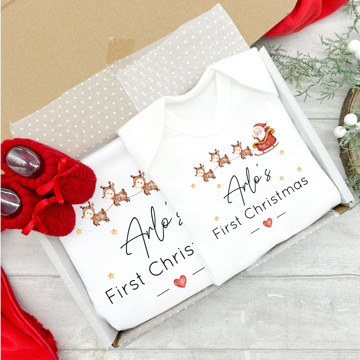 Personalised My First Christmas Santa Sleigh Baby Grow and Blanket Gift Set
