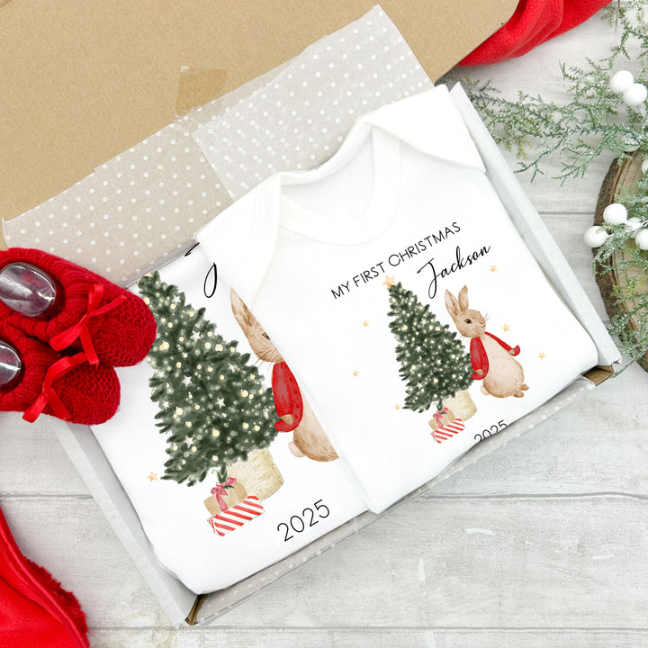 Personalised My First Christmas Red Rabbit Baby Grow and Blanket Gift Set