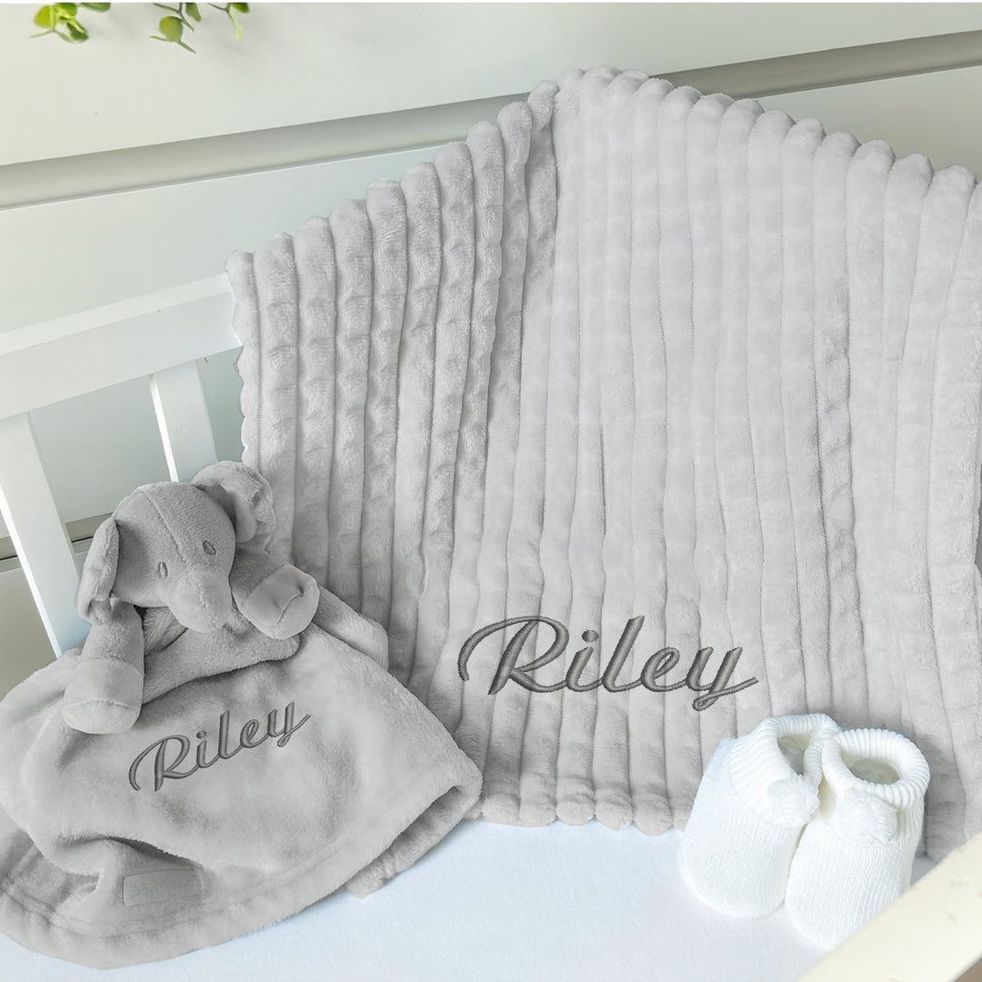 Personalised Unisex Embroidered Grey Blanket, Comforter or Gift Set