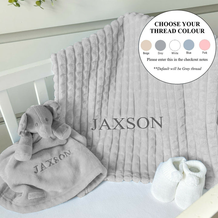 Personalised Unisex Embroidered Grey Blanket, Comforter or Gift Set