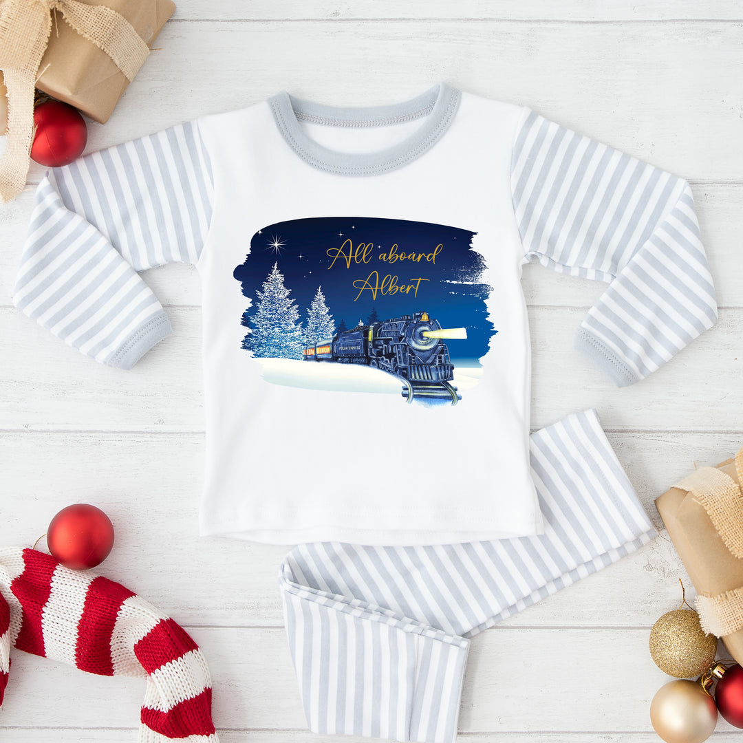 Personalised Christmas Train Grey Striped Pyjamas