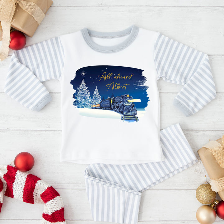 Personalised Christmas Train Grey Striped Pyjamas