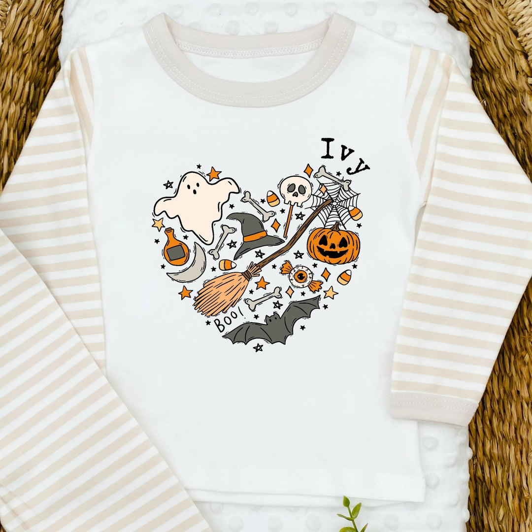 Personalised Spooky Heart Beige Stripe Halloween Pyjamas