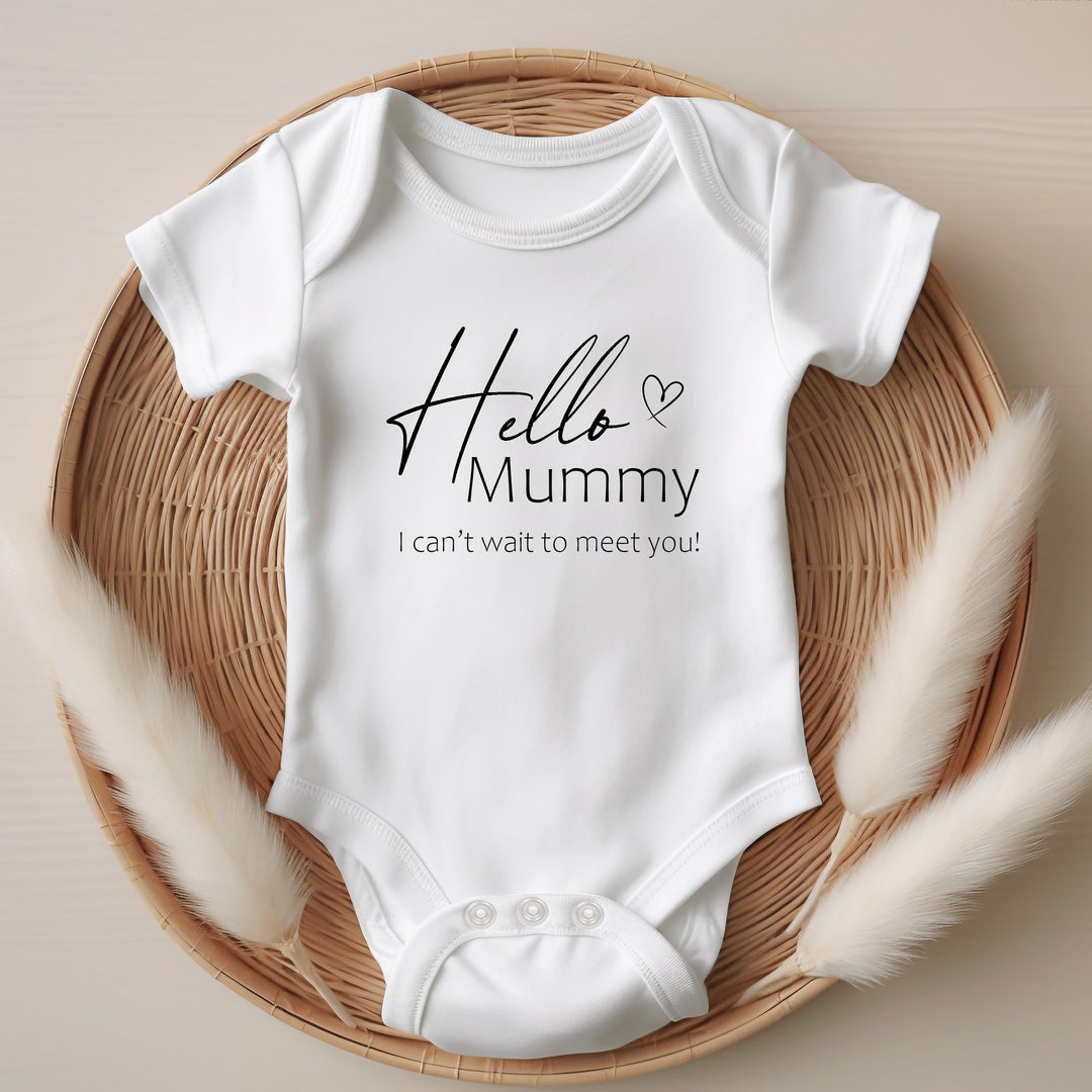 Baby announcement vests that says: Hello Mummy I can't wait to meet you!