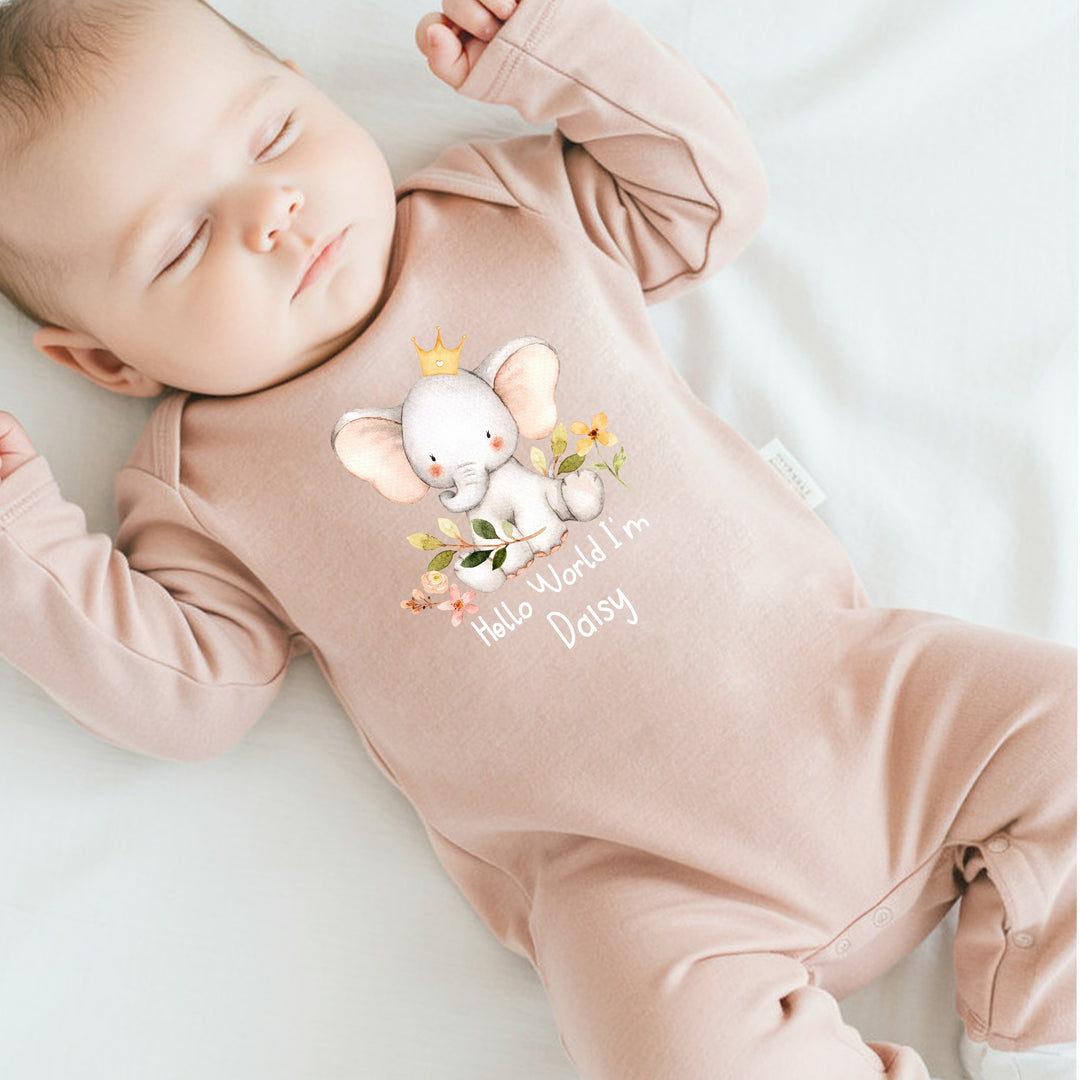 Personalised Hello World Elephant Pink Babygrow With Optional Matching Accessories