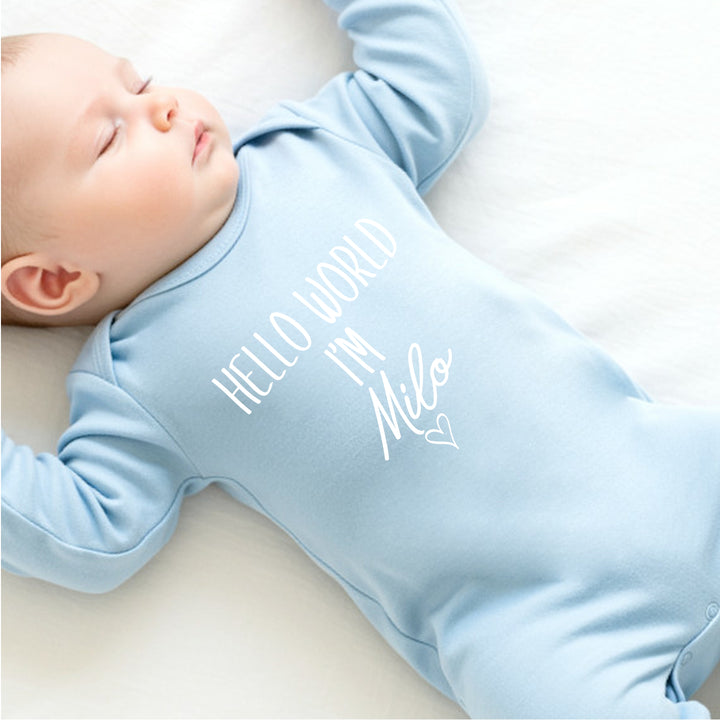 Personalised Hello World Blue Babygrow With Optional Matching Accessories