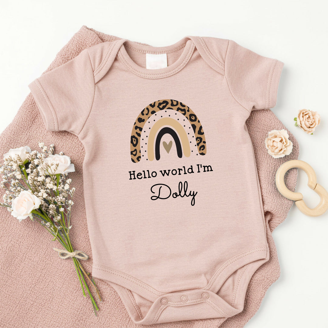 Personalised Hello World Leopard Rainbow Pink Babygrow/Vest