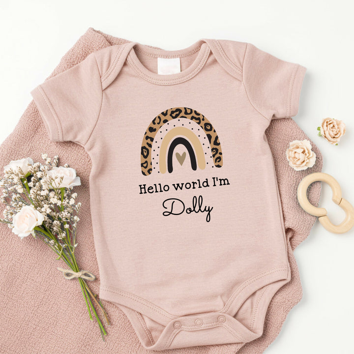 Personalised Hello World Leopard Rainbow Pink Babygrow/Vest