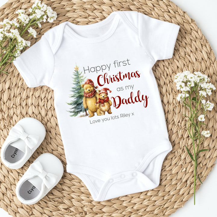 Personalised Pooh Bear First Christmas As A Parent Baby Grow/Vest/Bib