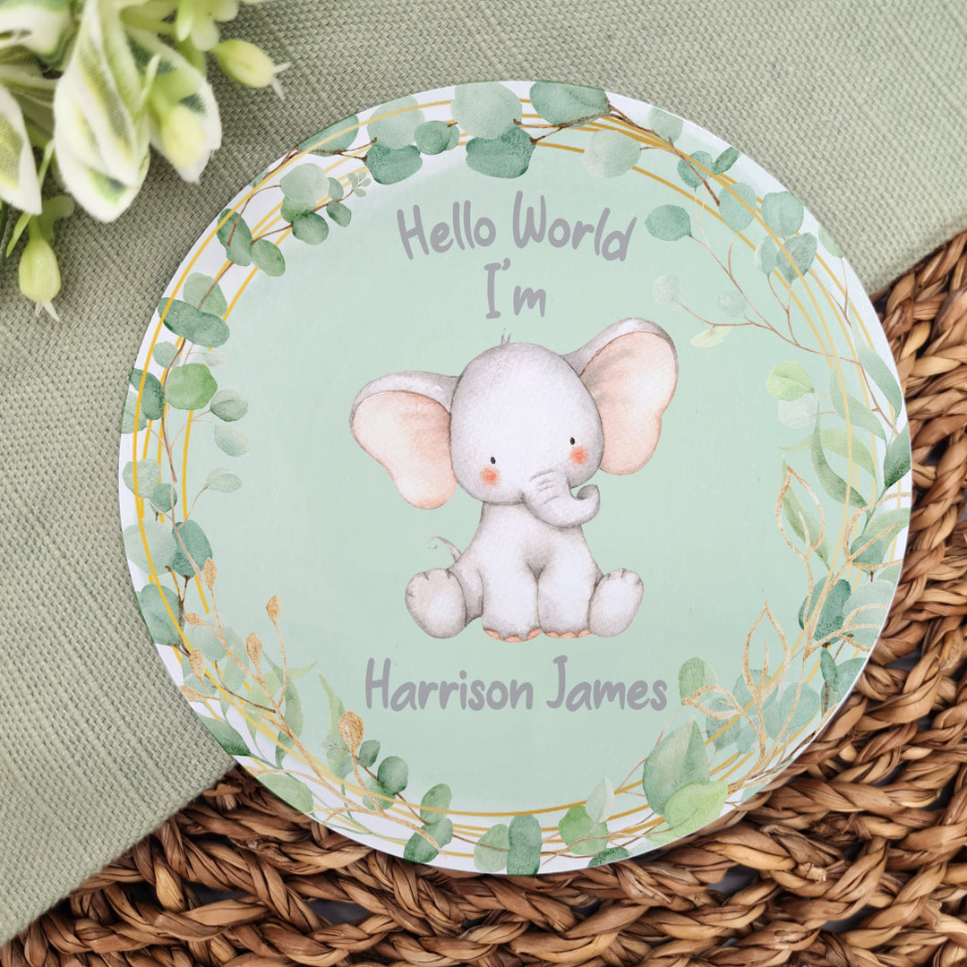 Personalised Green Elephant Birth Announcement Plaque