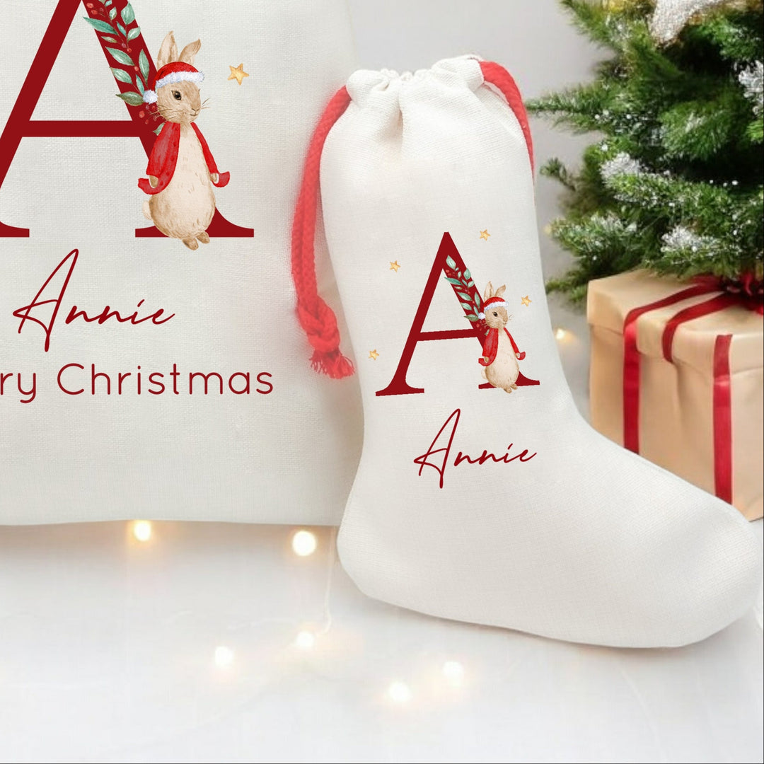 Personalised Red Rabbit Christmas Initial Santa Sack or Stocking