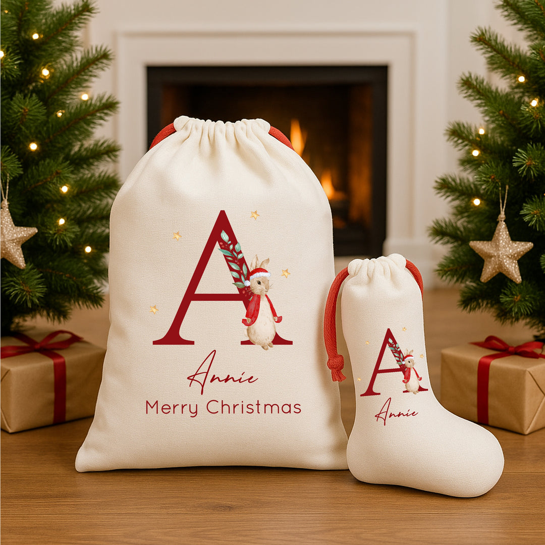 Personalised Red Rabbit Christmas Initial Santa Sack or Stocking