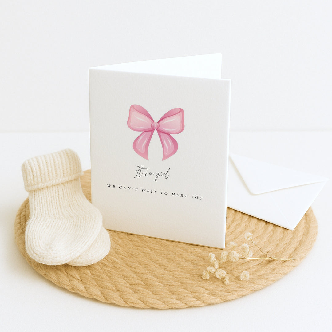 Pink It's a Girl Bow Baby Shower Card