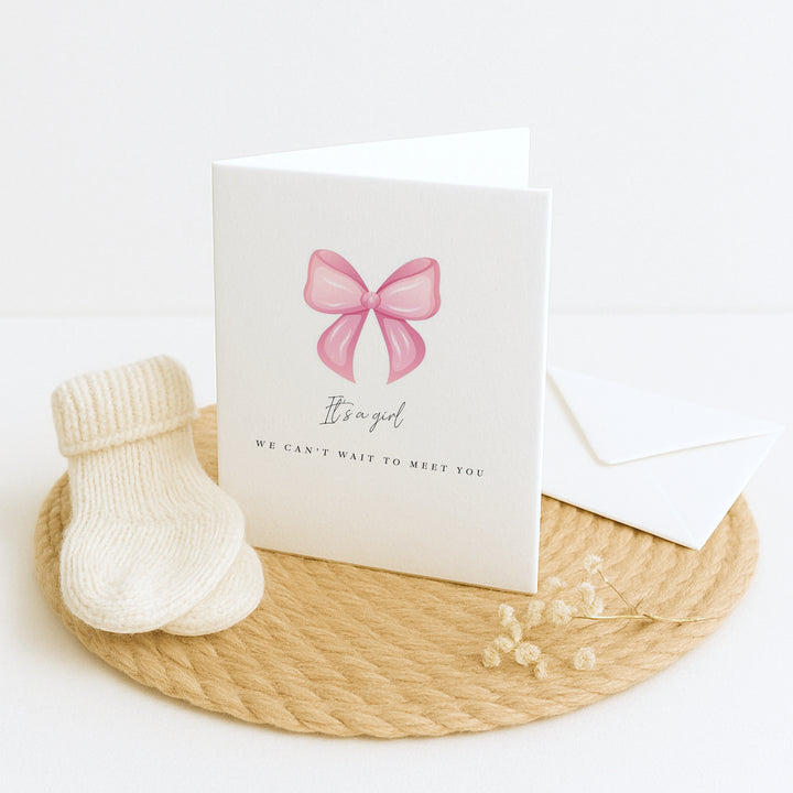 Pink It's a Girl Bow Baby Shower Card