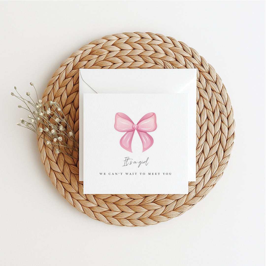 Pink It's a Girl Bow Baby Shower Card