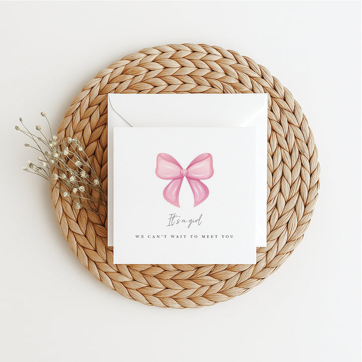 Pink It's a Girl Bow Baby Shower Card