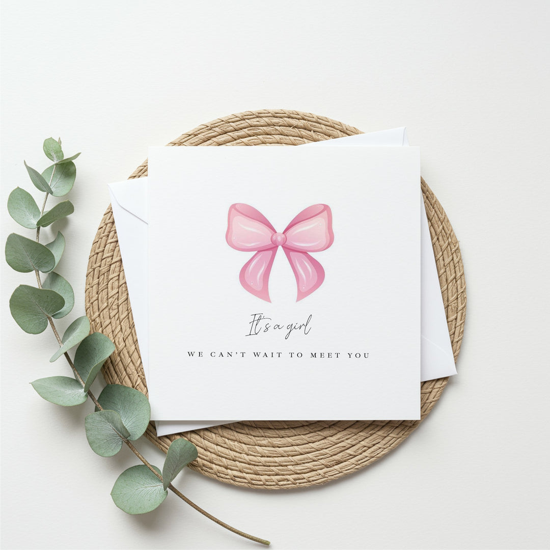 Pink It's a Girl Bow Baby Shower Card