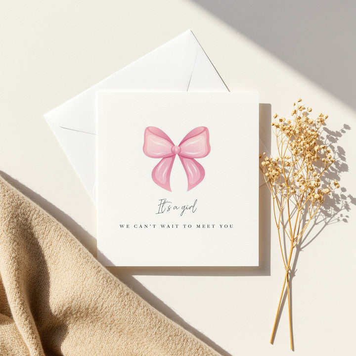 Pink It's a Girl Bow Baby Shower Card