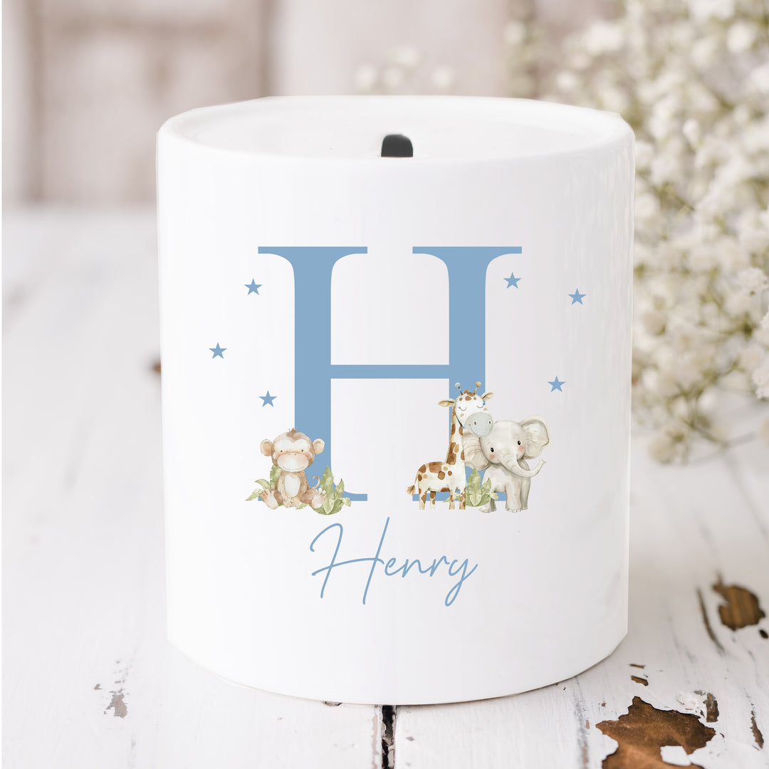 Personalised Blue Jungle Initial Ceramic Money Box