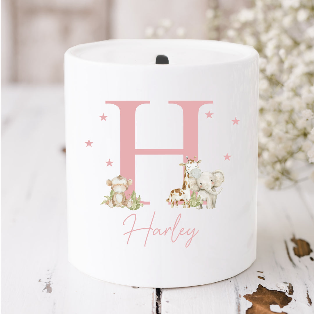 Personalised Pink Jungle Initial Ceramic Money Box