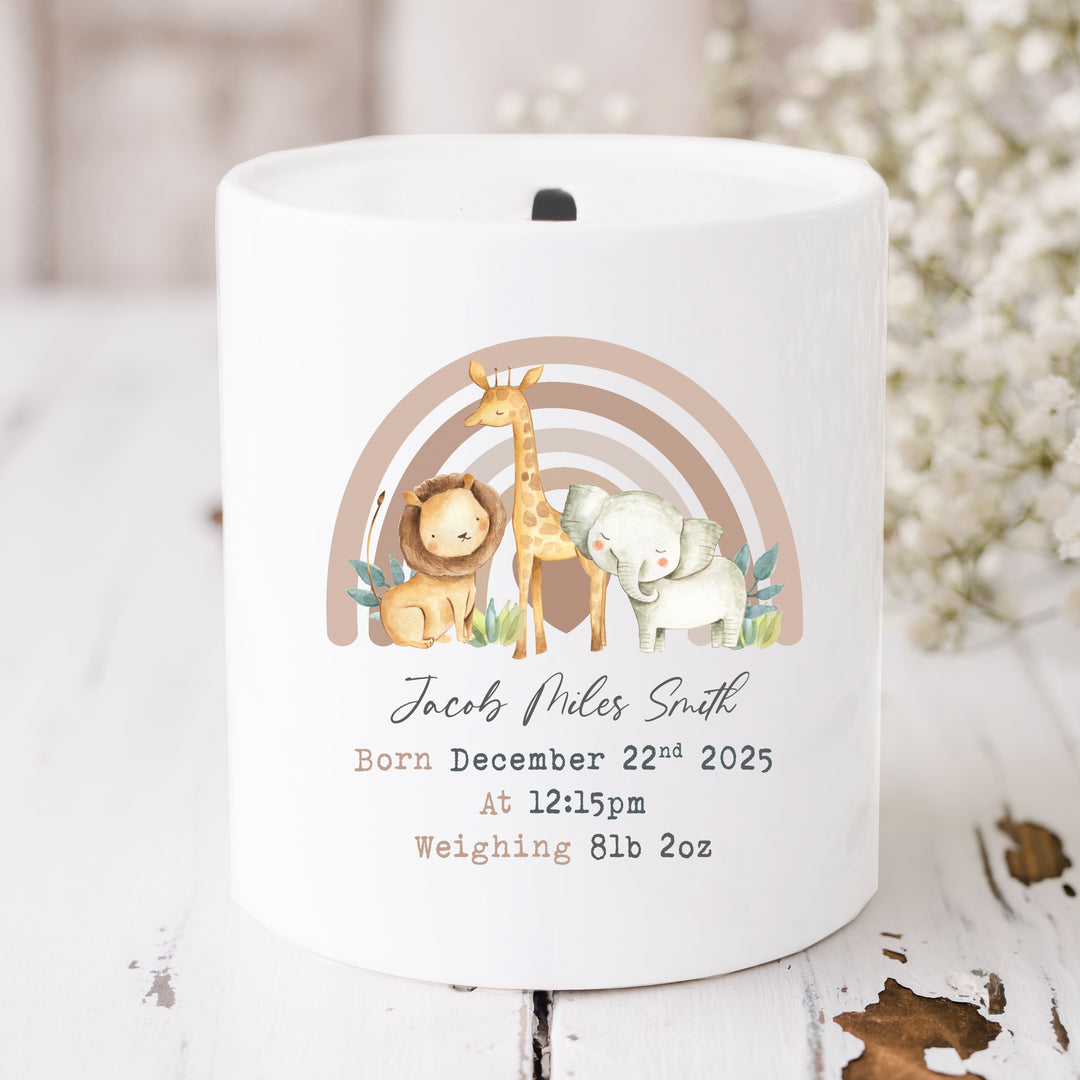 Personalised Beige Rainbow Safari Ceramic Money Box