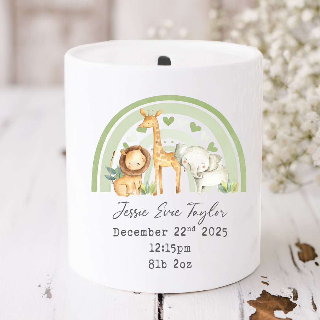 Personalised Sage Green Rainbow Safari Ceramic Money Box