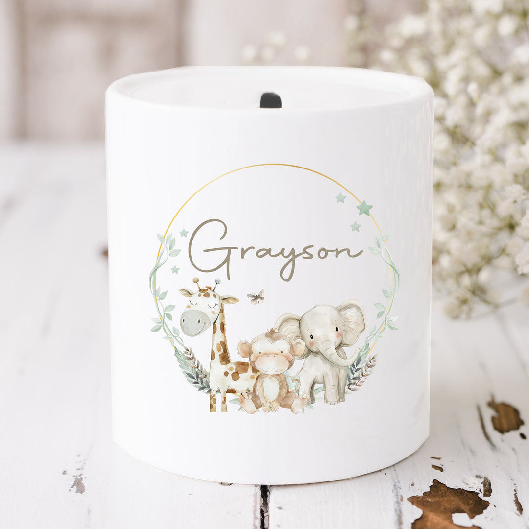 Personalised Jungle Wreath Ceramic Money Box