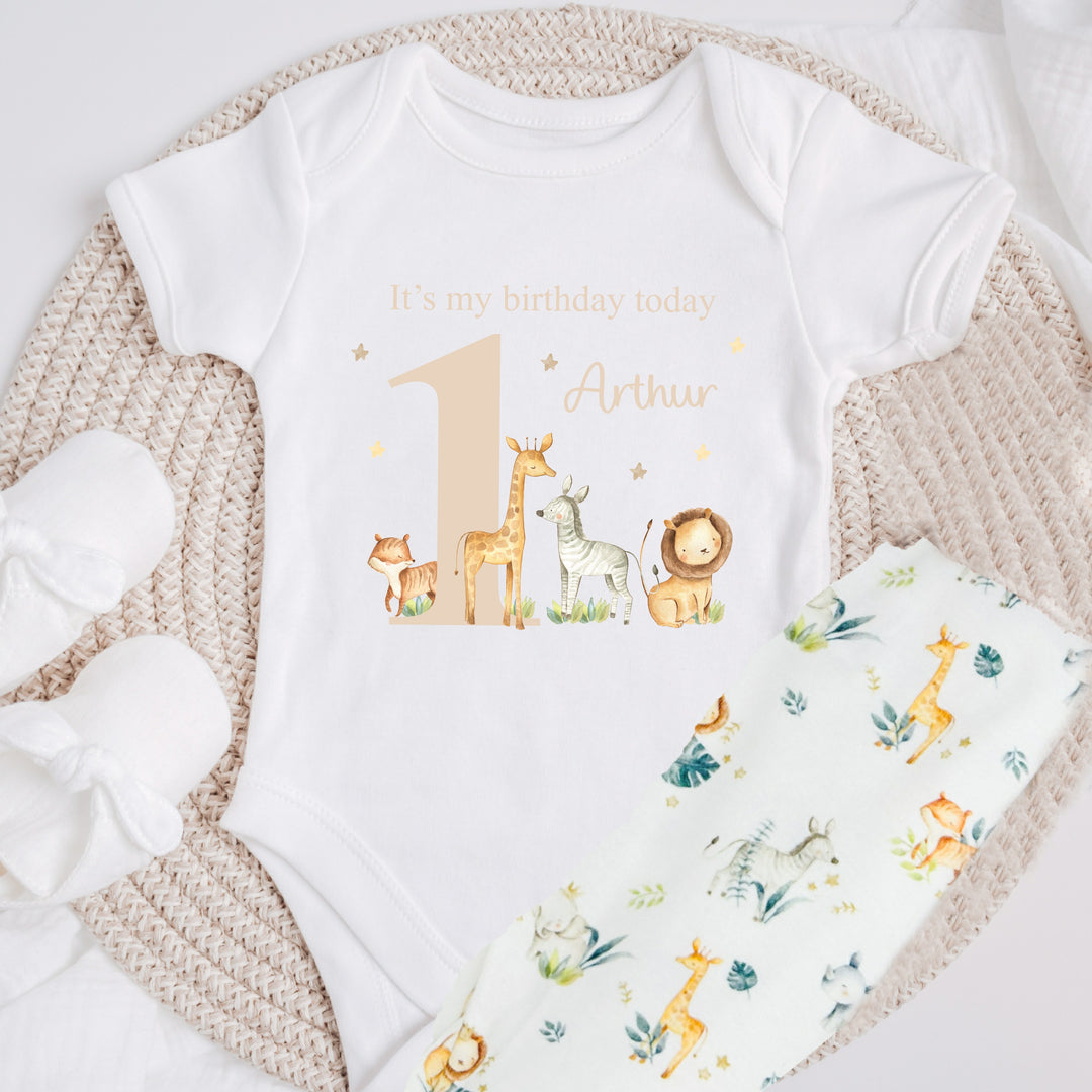 Personalised Beige Jungle It's My Birthday Today Vest