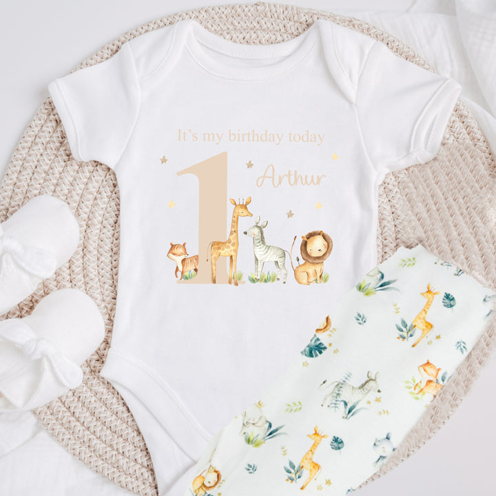 Personalised Beige Jungle It's My Birthday Today Vest