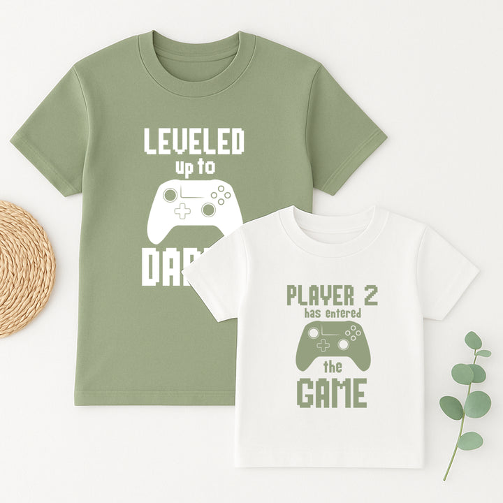 Two children's t-shirts with gaming-themed text and graphics on a white background.