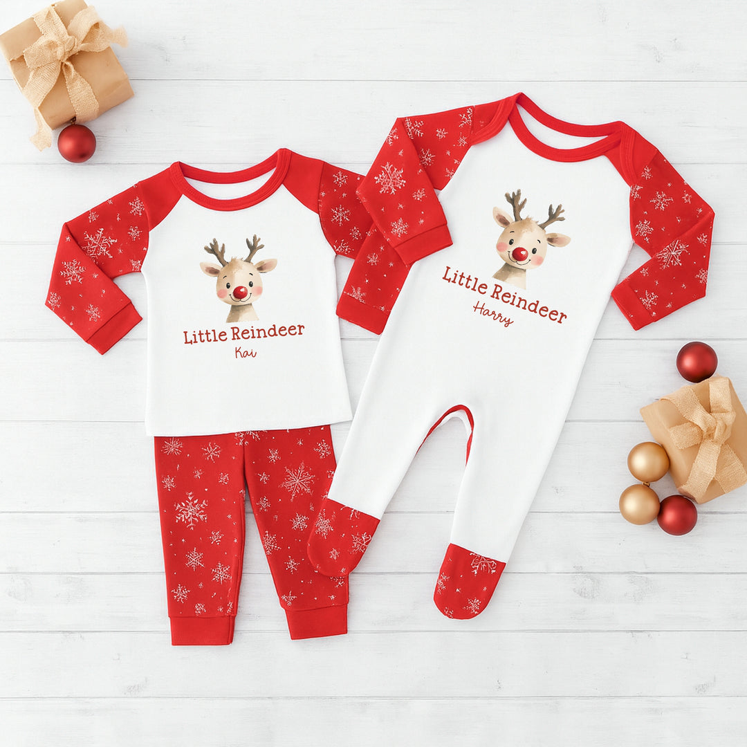 Personalised Reindeer Sibling Matching Snowflake Christmas Babygrow/Pyjamas