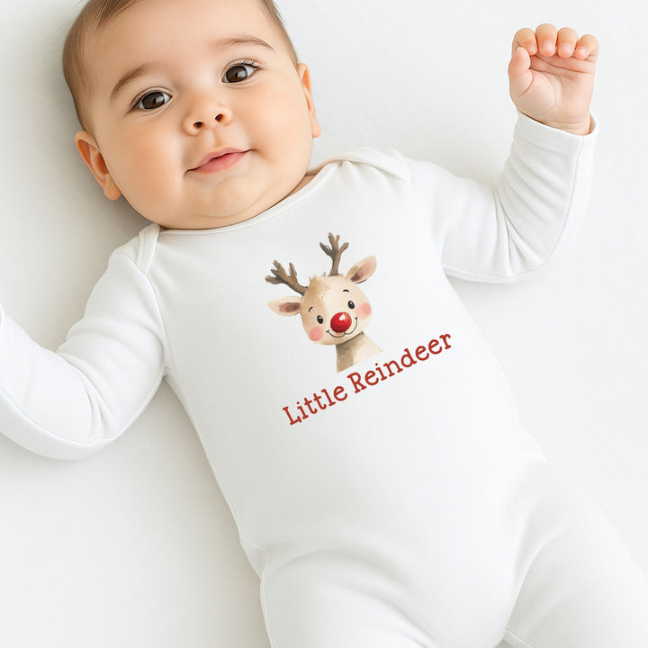 Baby wearing a white onesie with a reindeer design and 'Little Reindeer' text on a white background