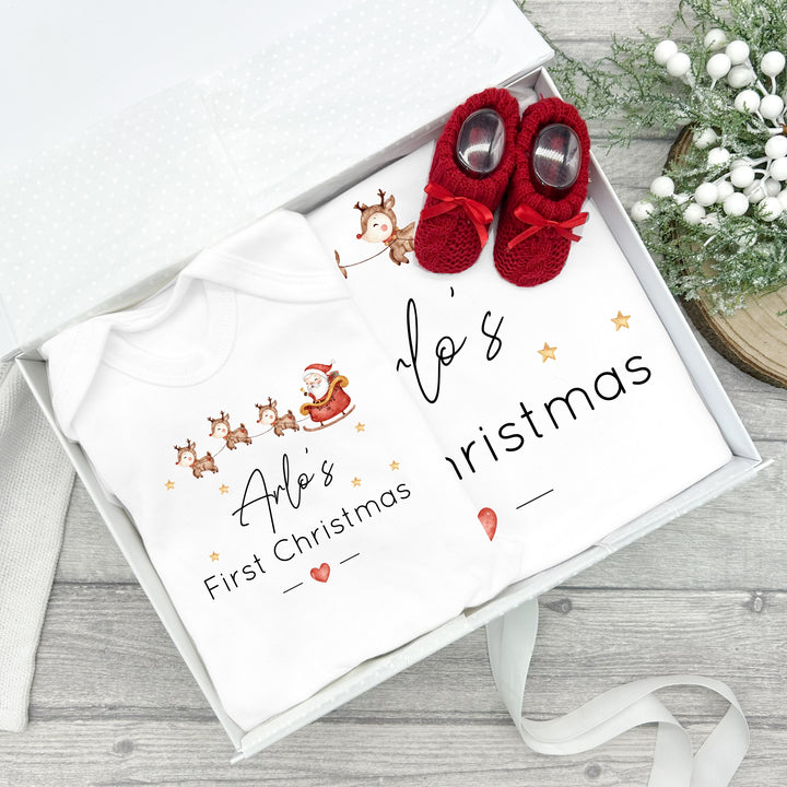 Personalised My First Christmas Santa Sleigh Baby Grow and Blanket Gift Set