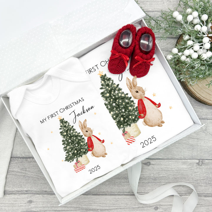 Personalised My First Christmas Red Rabbit Baby Grow and Blanket Gift Set