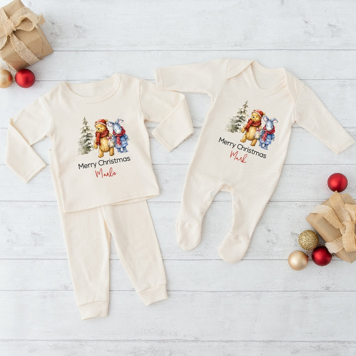 Personalised Pooh Bear Sibling Matching Beige Pyjamas/Babygrow